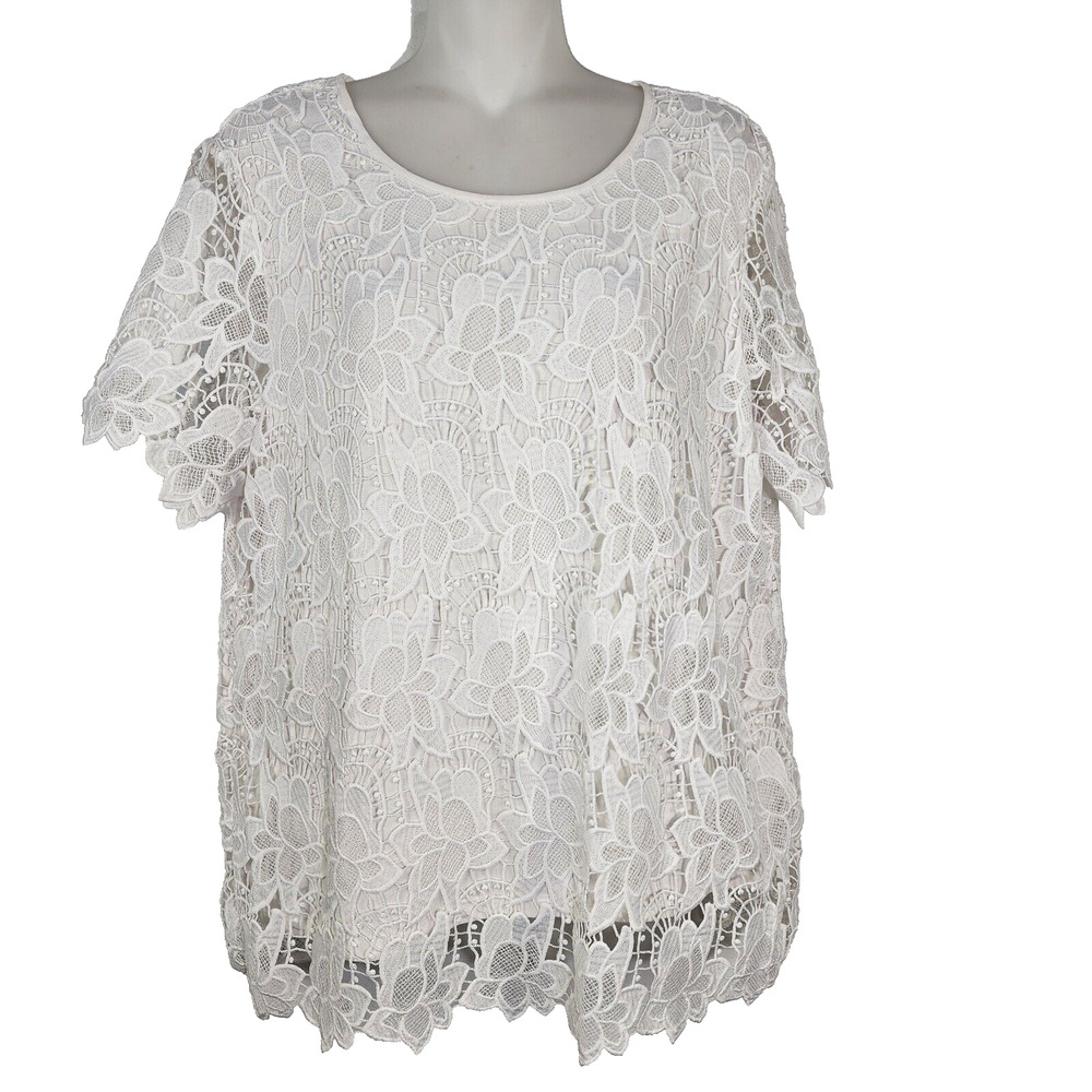 Philosophy Blouse Womens Large White Lace Overlay Top Short Sleeve Floral Lined
